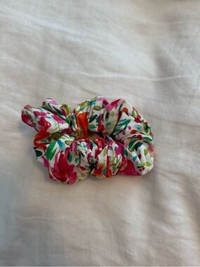 BYDEE Floral Print Hair Scrunchie - White Base with Pink & Green Flowers